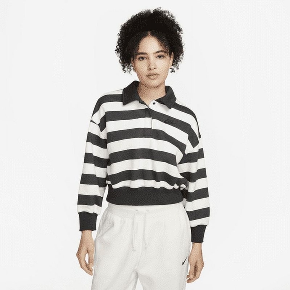 Nike Sportswear Flece 3/4-Sleeve Striped Crop Polo Color: Off Noir Size: S